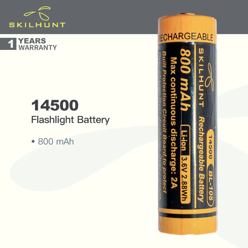 Skilhunt 14500 Flashlight Battery 800mAh, Continuous Discharge Current(Max) 2A, Short-circuit / Circuit Protection