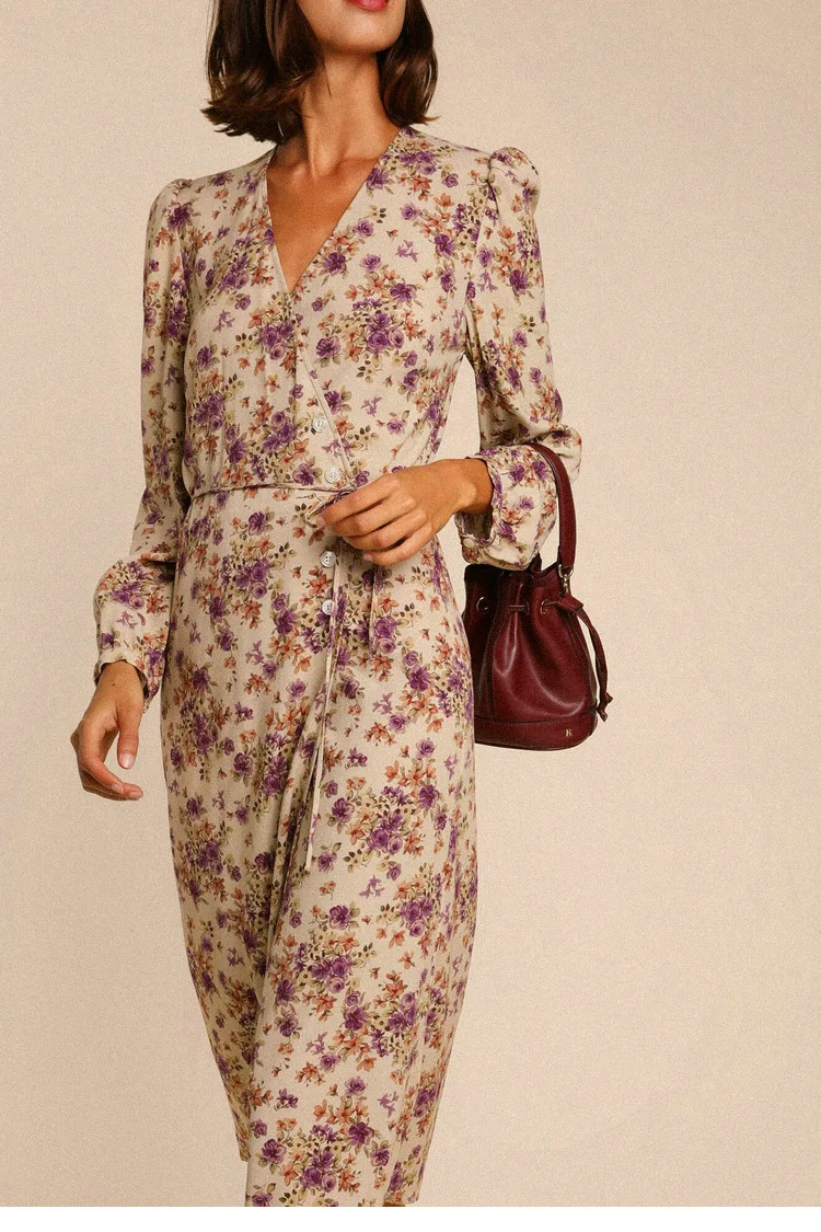 

Summer New Flower Print V-Neck Midi Dress Long Sleeve French Lady Tea Break Waist Wrap Medium Length Dresses Holiday Clothes