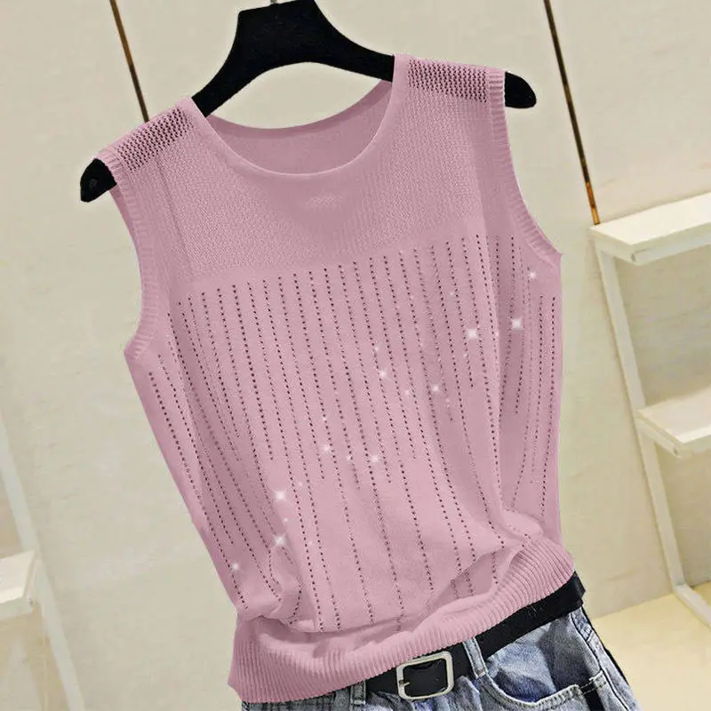 

Woherb Summer Ice Silk Summer Thin Knitted Vest Women Casual Tank Top 2022 Modis Sequined Beading Hollow Out Mesh Shirt Pink