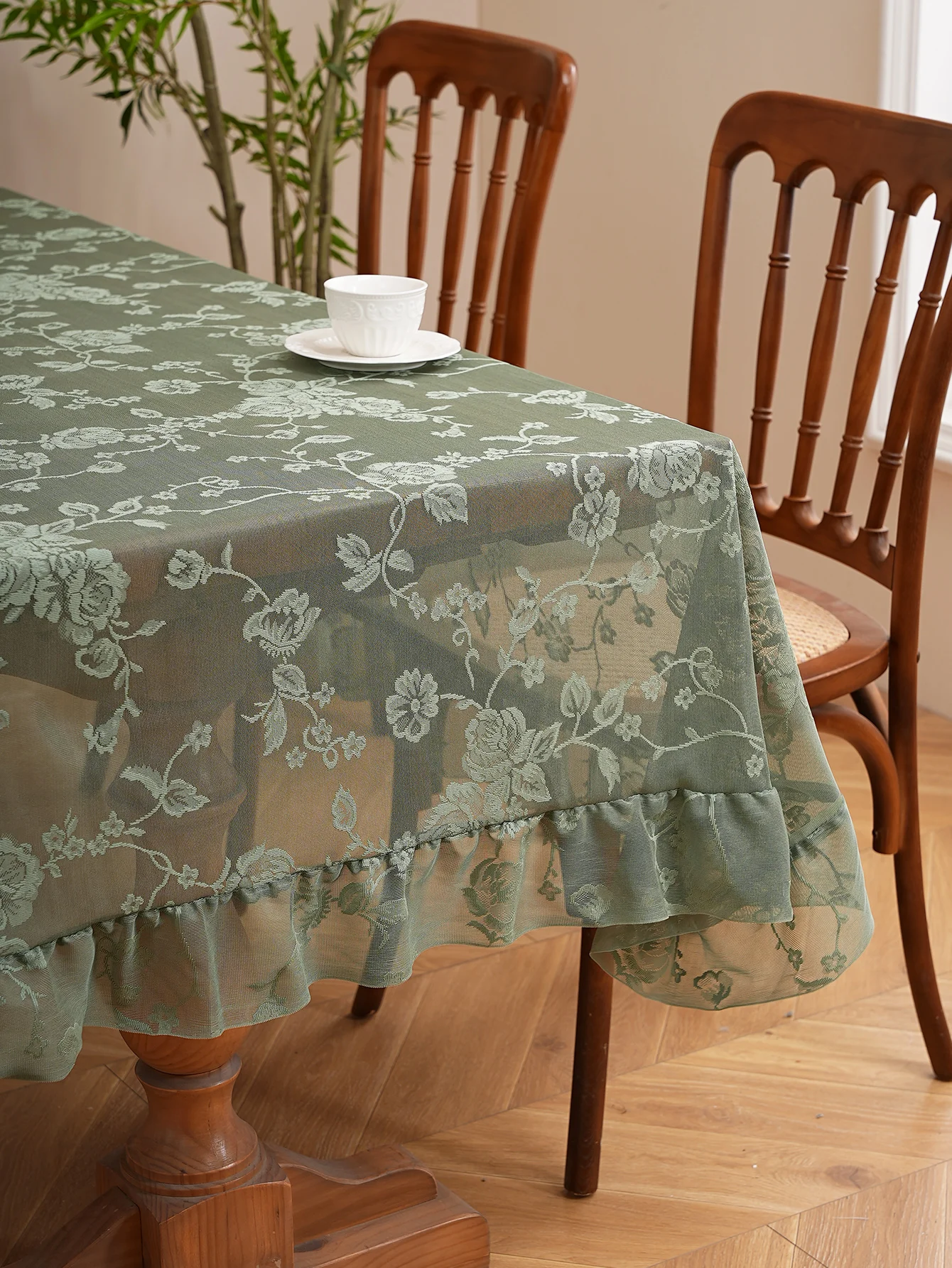 Green Floral Lace Tablecloth, Embossed Rose Pattern Semi Sheer Table Cover with Ruffle Hem for French Cottage Dining Table Decor