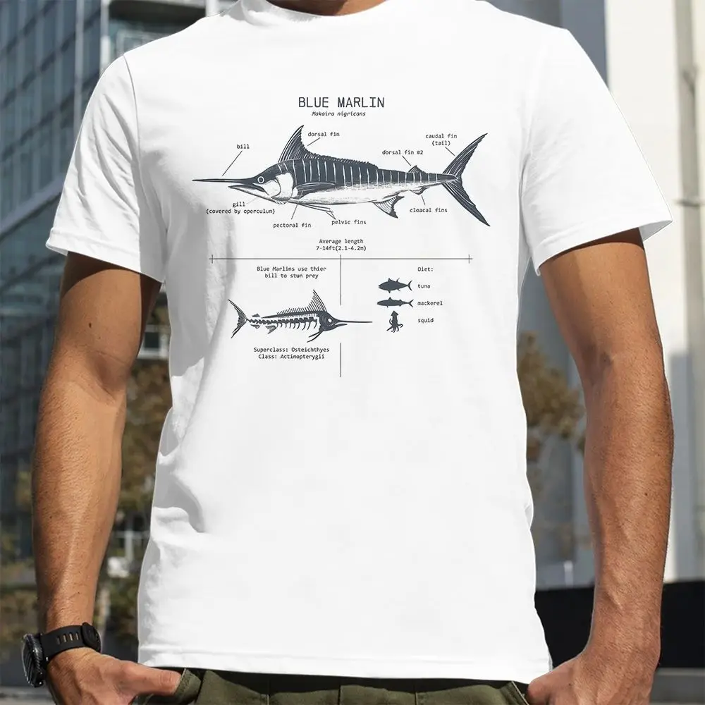 Great Blue Marlin Anatomy T-Shirt Men's Summer Streetwear Customizable Hand-Painted Design Casual Short Sleeve Top