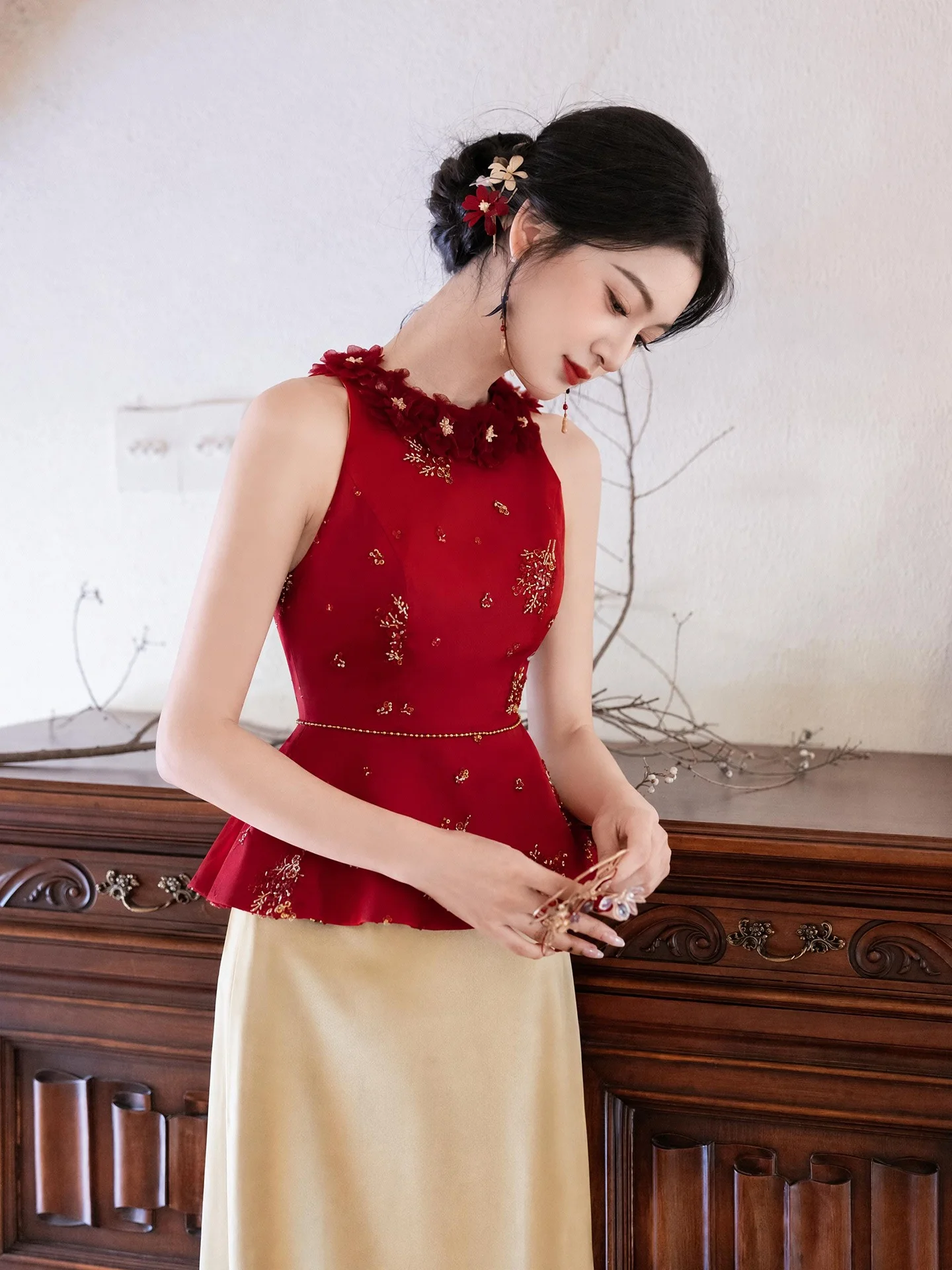 YUSHII Engagement Wedding Dress New Chinese Style Reformed  Drinking Ceremony Bride Elegant Two-Piece Suit