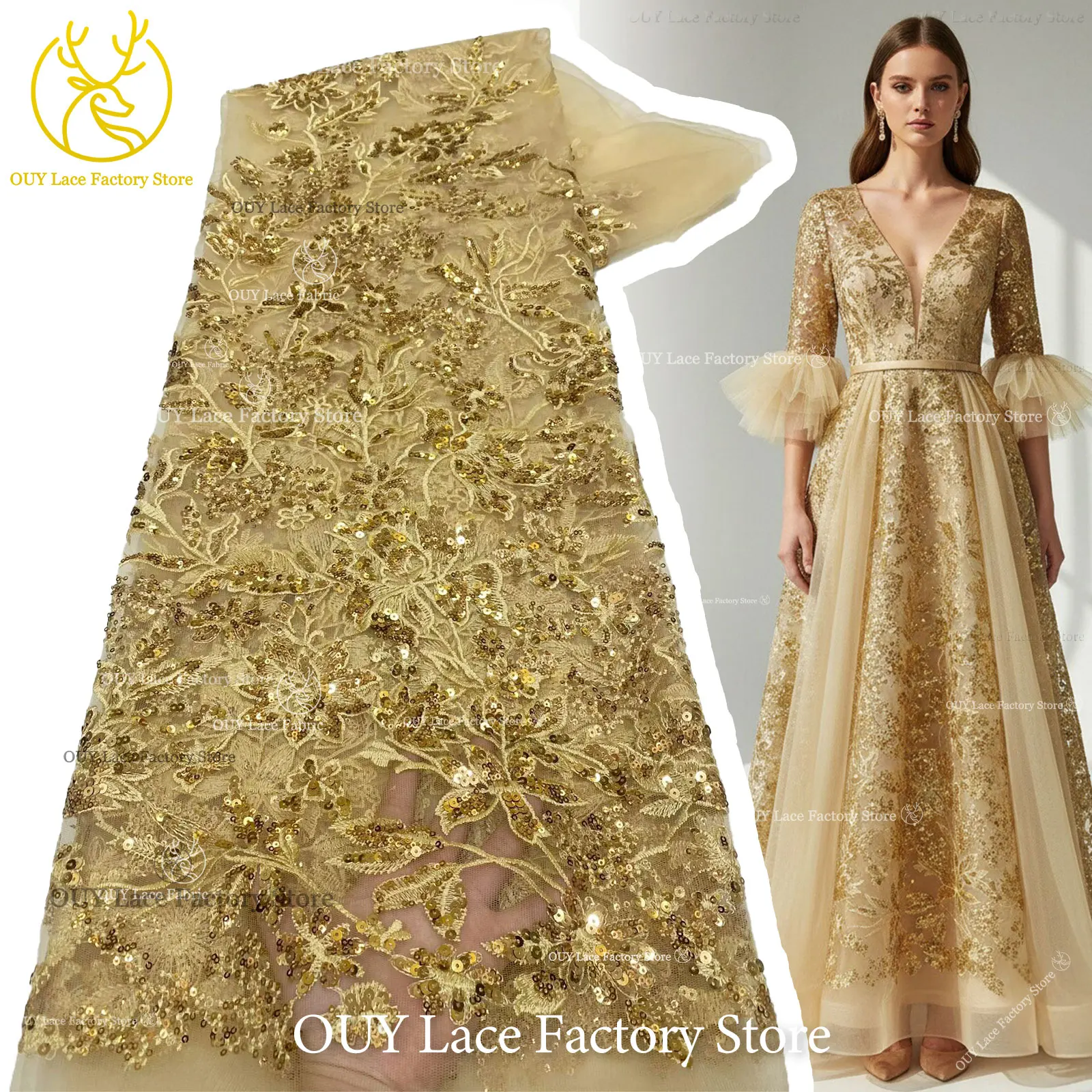 

Gold Luxury French Embroidery Sequins Tulle Lace Fabric African Sequins Mesh Tulle Lace Fabric For Sewing Wedding Evening Dress