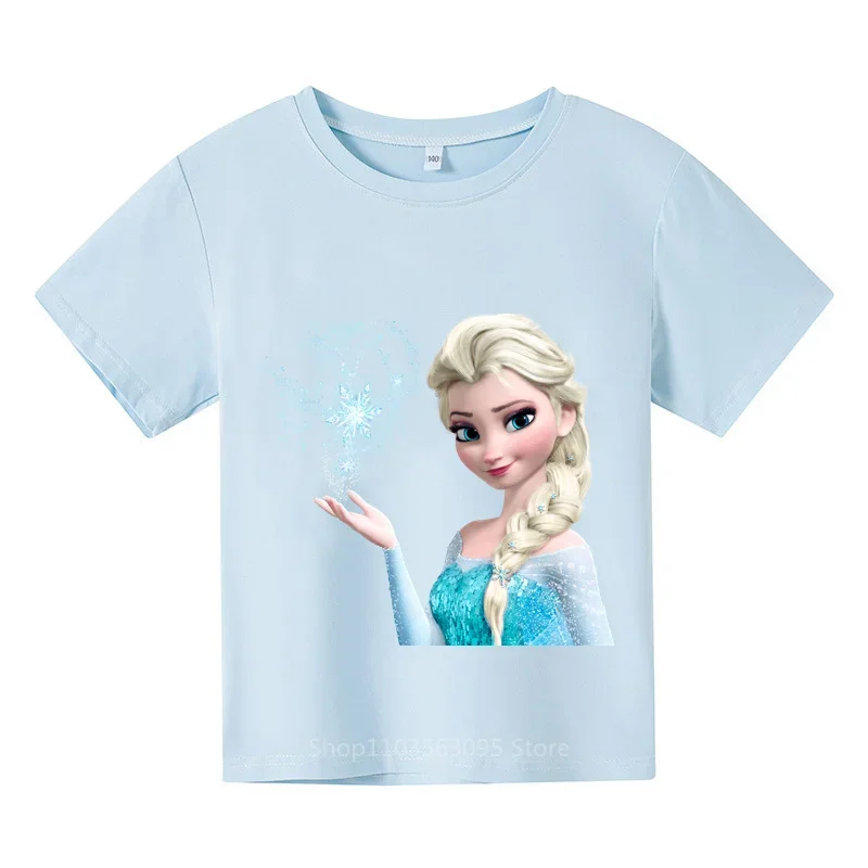 

2024 Summer Elsa Princess Themed T-shirt Kids, Disney Cartoon Print Outdoor Cotton Casual Short Sleeve Tops for Boys & Girls