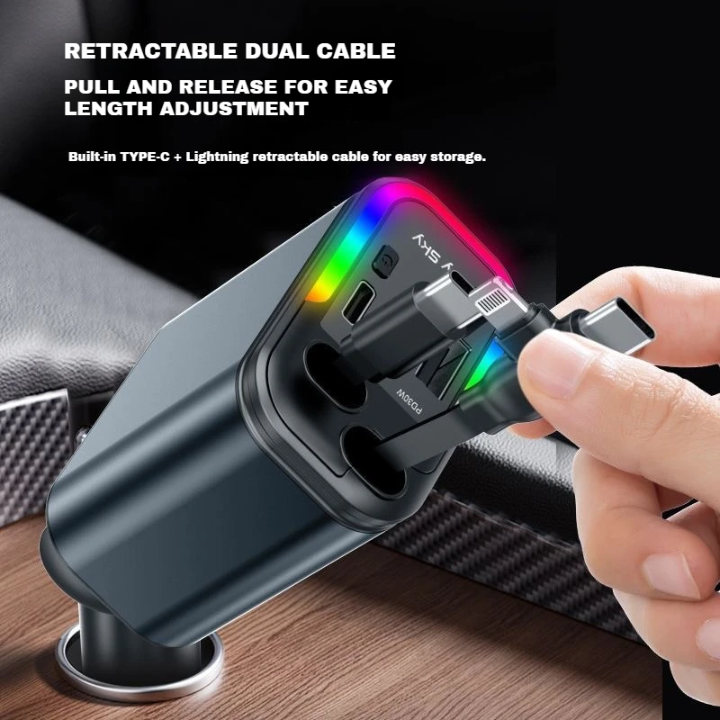 5-in-1 Car Charger with 2 Retractable Cable 180W Fast Charger Power Adapter Car Charger With Starlight For IOS Android Phones