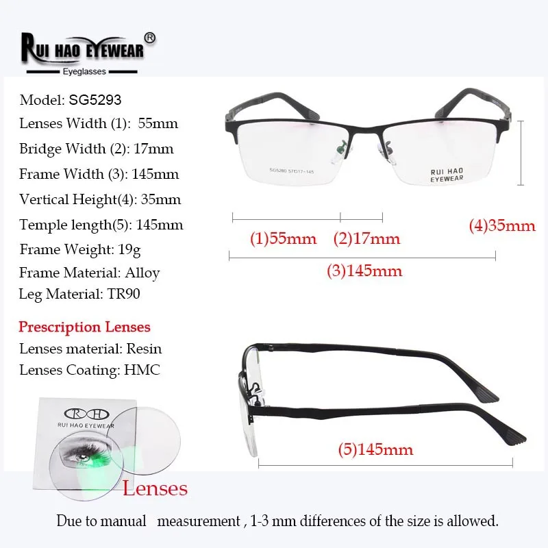 Business Eyeglasses Frame Fill Resin Lenses Customize Prescription Eyeglasses Unisex Recipe Glasses Rectangle Spectacles 5293