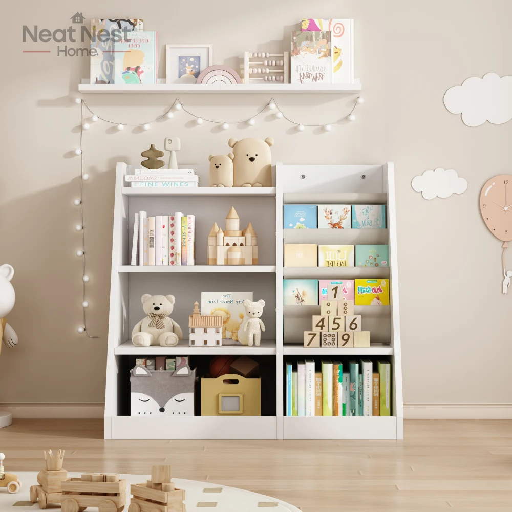 

White Wooden Toy Storage Organizer Cabinet,Kids Bookshelf,Children Bookcase, 4-tier sling bookshelf design,for Playroom,Bedroom
