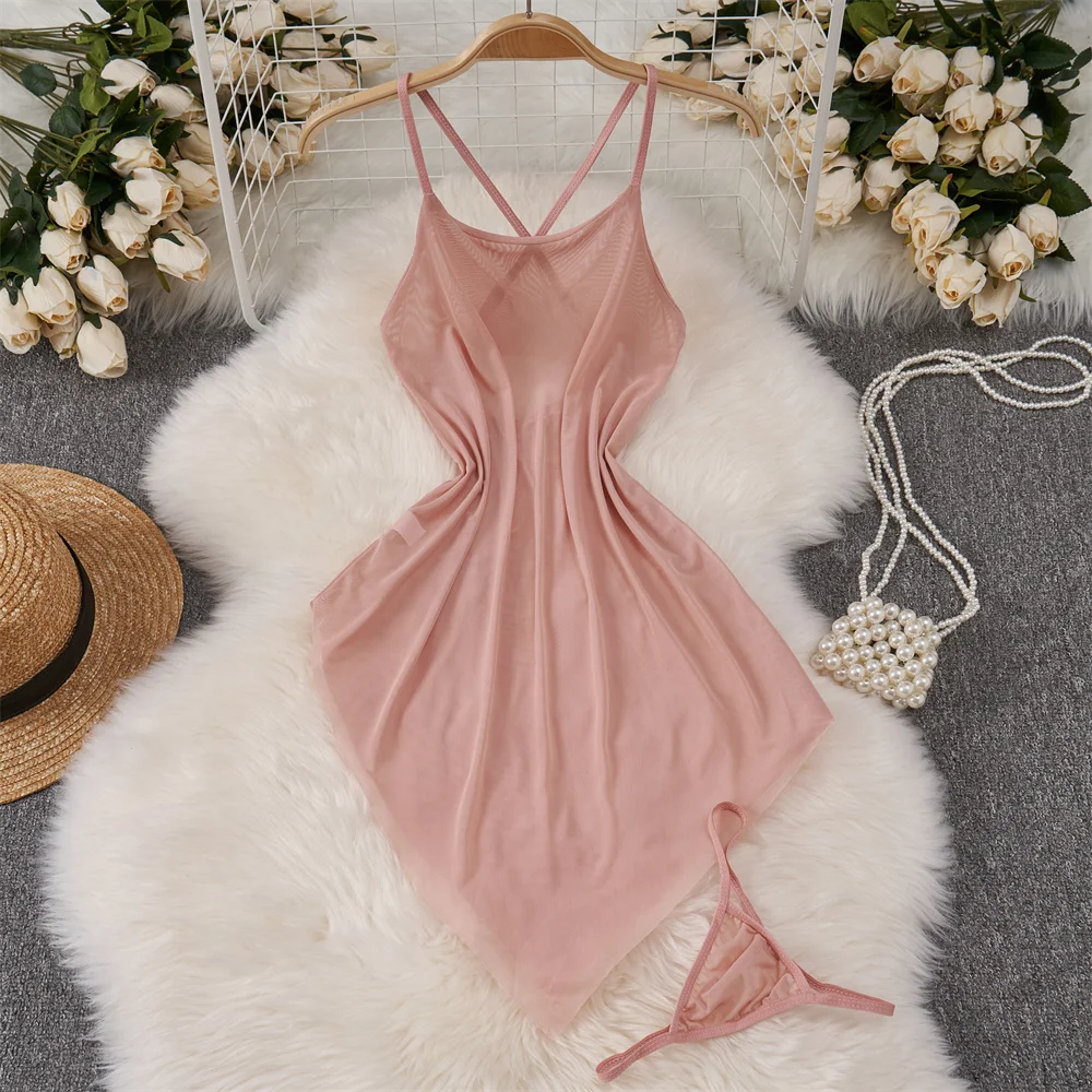 Tendencia transparente de malla cruzada vestido de tirantes Sexy dulce ajustado sólido sin espalda camisón de mujer dobladillo Irregular camisón ropa de dormir