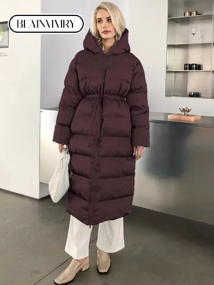 2025 Women Winter Solid Long Cotton Coats Fashion Hooded High Waist Drawstring Thick Warm Parkas Lady Casual Street Outcoat