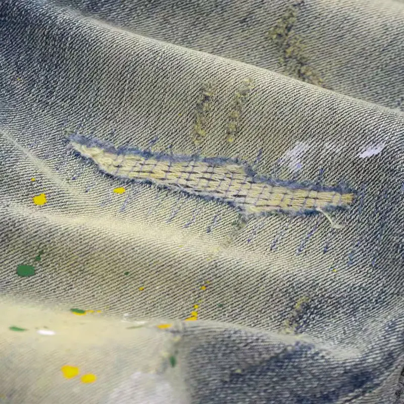 Street Fashion Men Jeans High Quality Retro Washed Blue Stretch Slim Fit Ripped Jeans Men Painted Designer Vintage Denim Pants