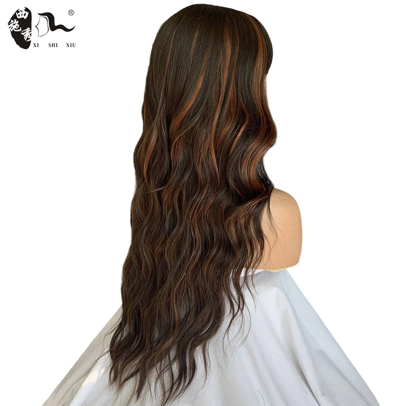 Peruca sintética de cabelo longo onda natural com Franja para mulheres, marrom misto, fibra resistente ao calor, aparência natural, perucas cosplay, Dia das Bruxas