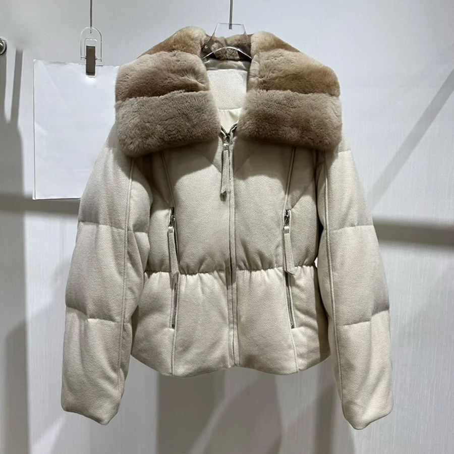 Women's Goose Down Jackets Short Black Puffer Coat Cashmere Down Coat With Zipper Fashion Winter Natural Rabbit Fur Jacket