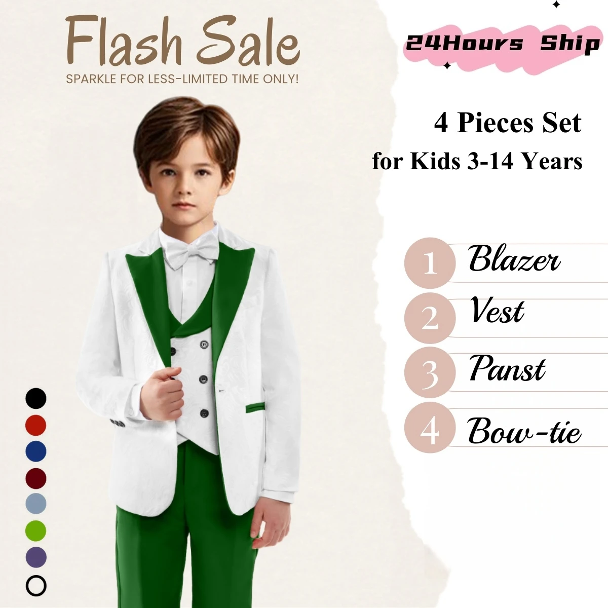 

Back-to-School Suit Set for Boys 3T-14, Kids Jacquard Formal Tuxedo Pants - Toddler to Teen 4 Pcs Set Blazer Pants Vest Bowtie