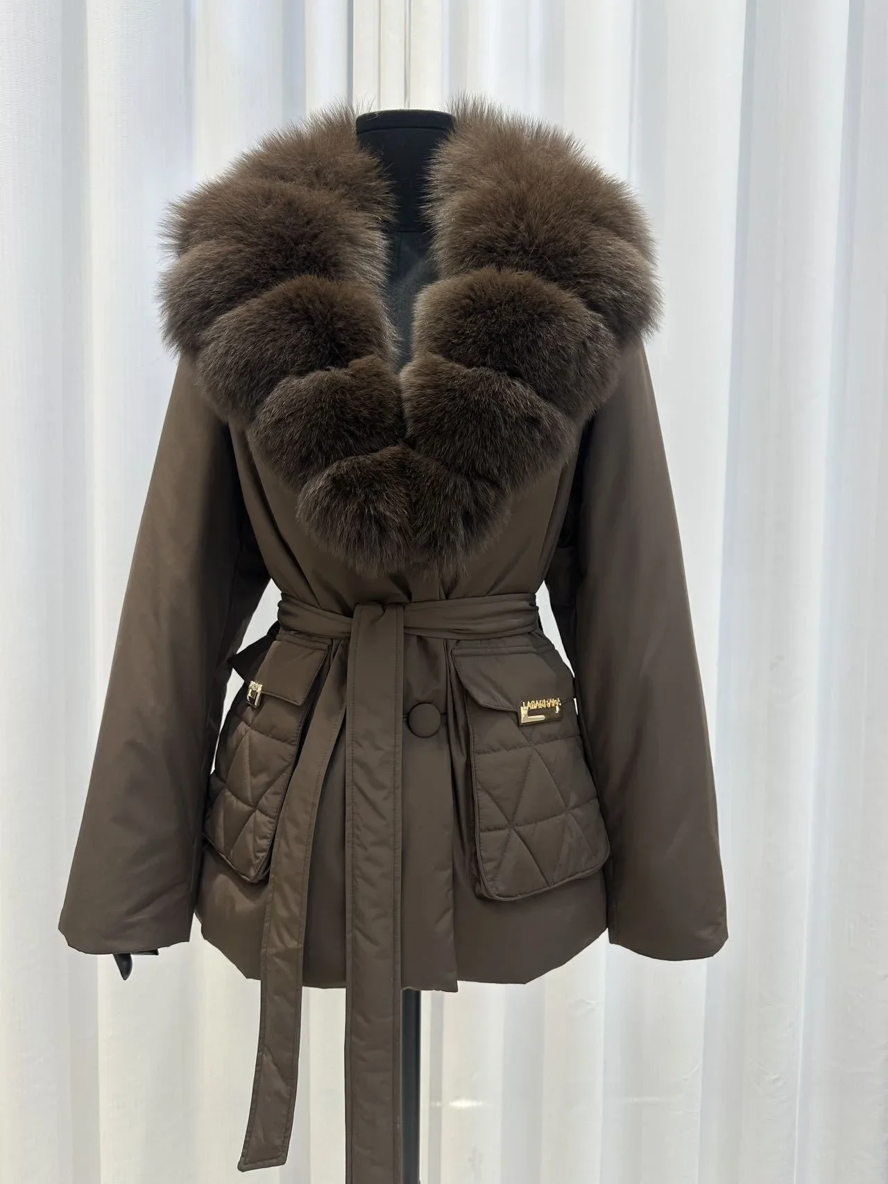 OFTBUY Real Fox Fur Collar Duck Down Jacket Women Mid-Length Puffer Jacket Luxury Slim Belted Waist Winter Warm Outerwear
