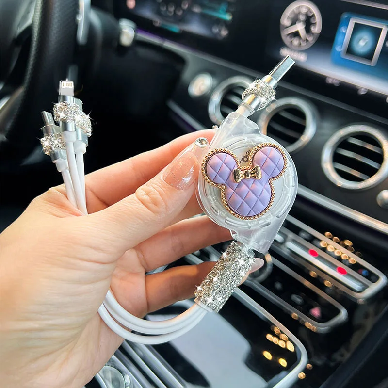 كابل شحن USB سريع للبيانات قابل للسحب من كارتون ميكي 3 في 1 لهاتف آيفون وأندرويد وشاومي وهواوي وسامسونج