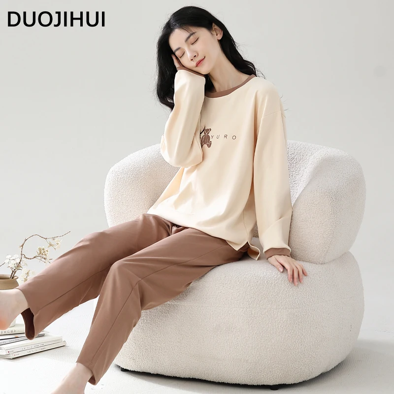 DUOJIHUI Two Piece Loose Casual Home Pajamas for Women Classic Long Sleeve Pullover Basic Simple Pant Fashion Female Pajamas Set