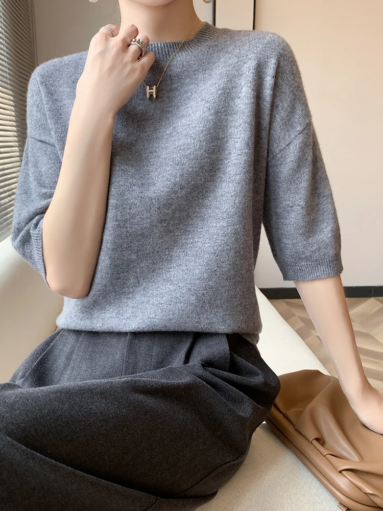 

New Spring Summer O-Neck Solid Color Short Sleeve Pullover Knitwear 100% Merino Wool Women Sweater Basic Simple Style Tops