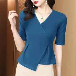 Autumn and Winter Women's Pullover V-neck Patchwork Asymmetric Folds Slim Solid Color Fashion Casual Elegant Long Sleeve Tops