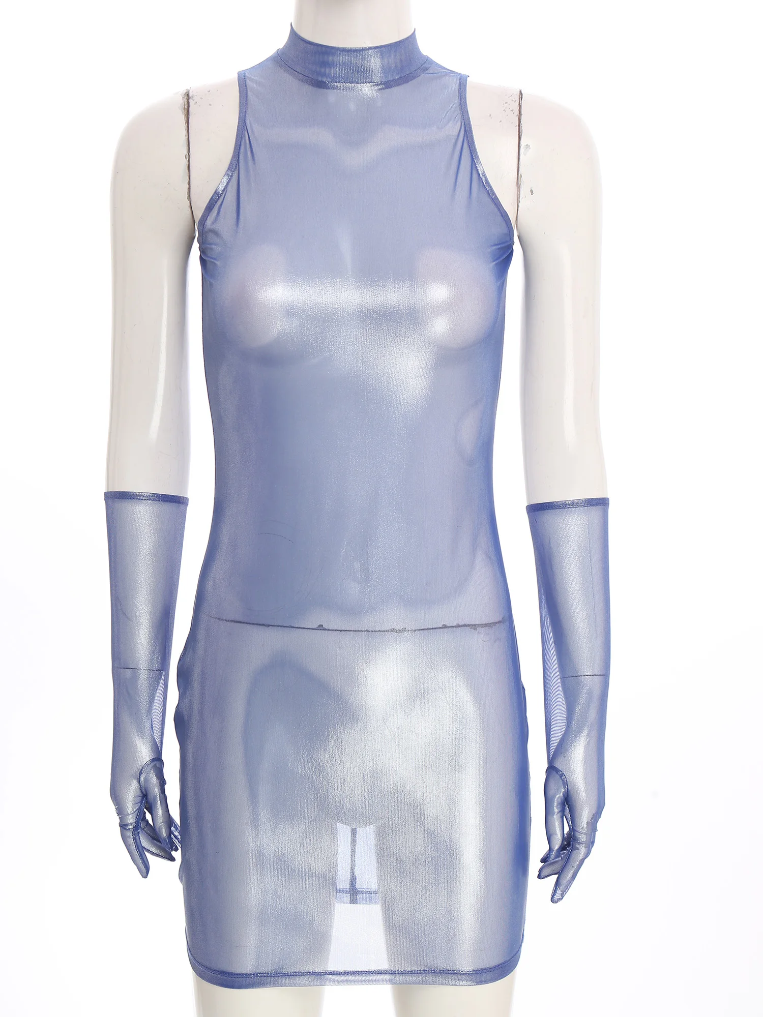 Womens Shiny Metallic Sheer Lingerie Dress See Through Shimmering Sleeveless Back Zipper Bodycon Mini Dress with Long Gloves