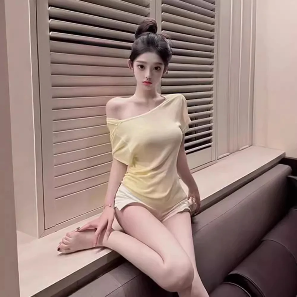 Loose Casual Yellow One-Shoulder Design T-Shirt Women's Advanced Lazy Style Straight Tube Cotton Summer Thickened Top