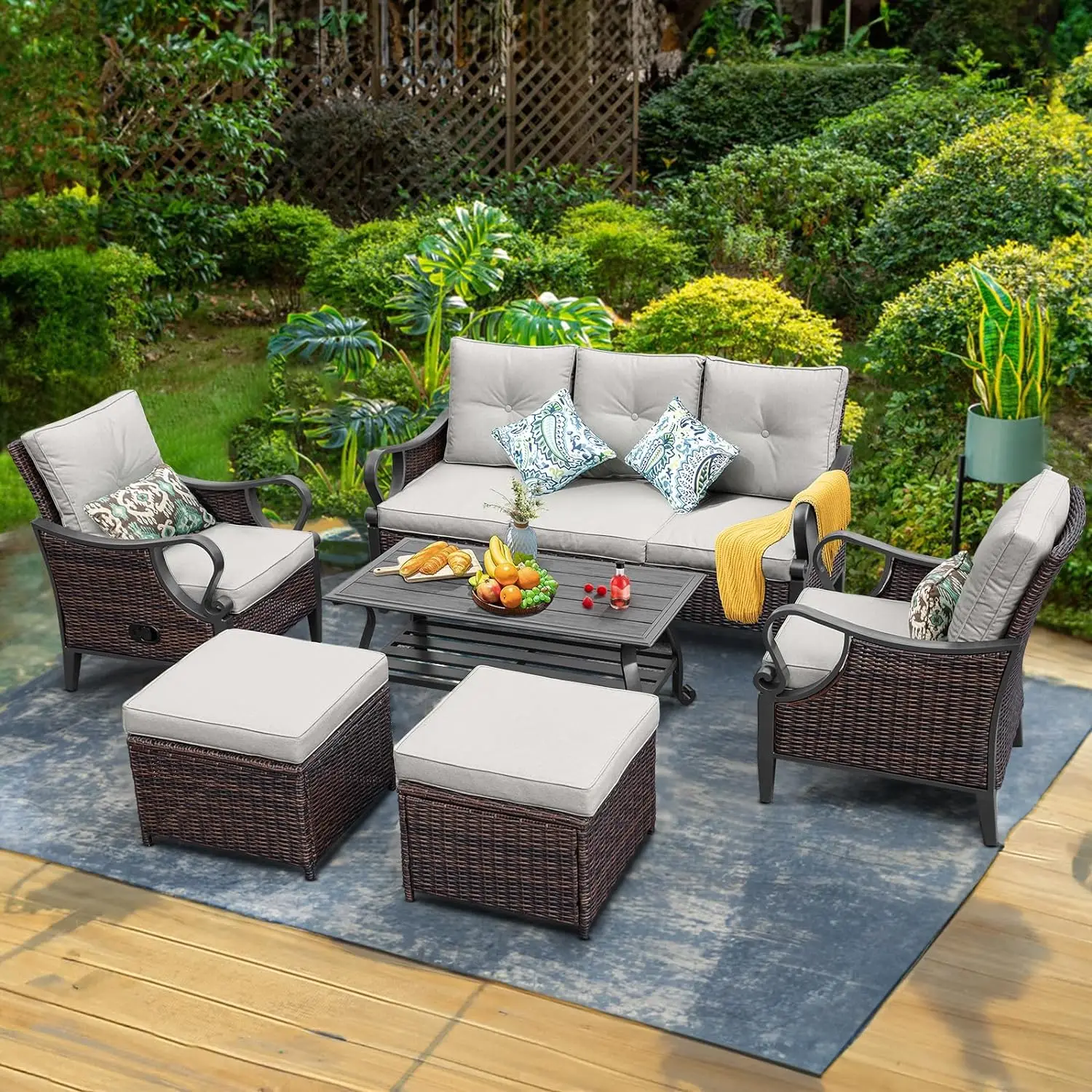 6Pieces Patio Furniture Set with Reclining Chairs, All Weather Outdoor Rattan Conversation Sectional Sofa Set with Metal Armrest