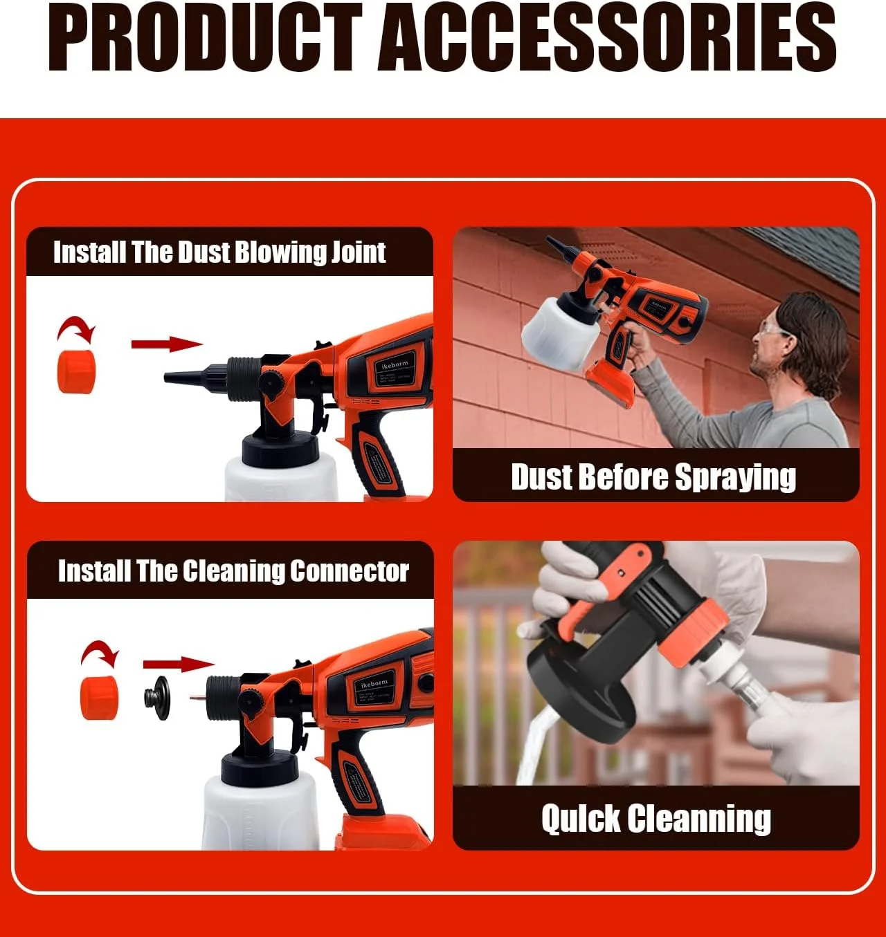 Cordless spray gun (no battery): 4 nozzles and large capacity 1000ml container, doubling work efficiency