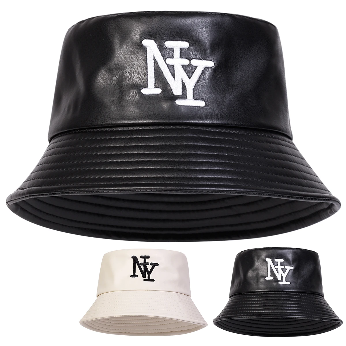 Unisex NY PU Leather Panama Fisherman Hat Outdoor Travel Hat