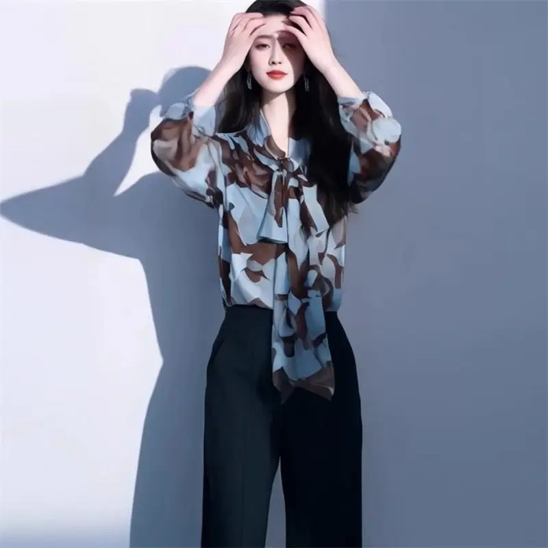 Vintage Print Long Sleeve Shirt Tops Spring New Bow Lacing Loose Youth Temperament Blouse Fashion Elegant Office Women Clothing