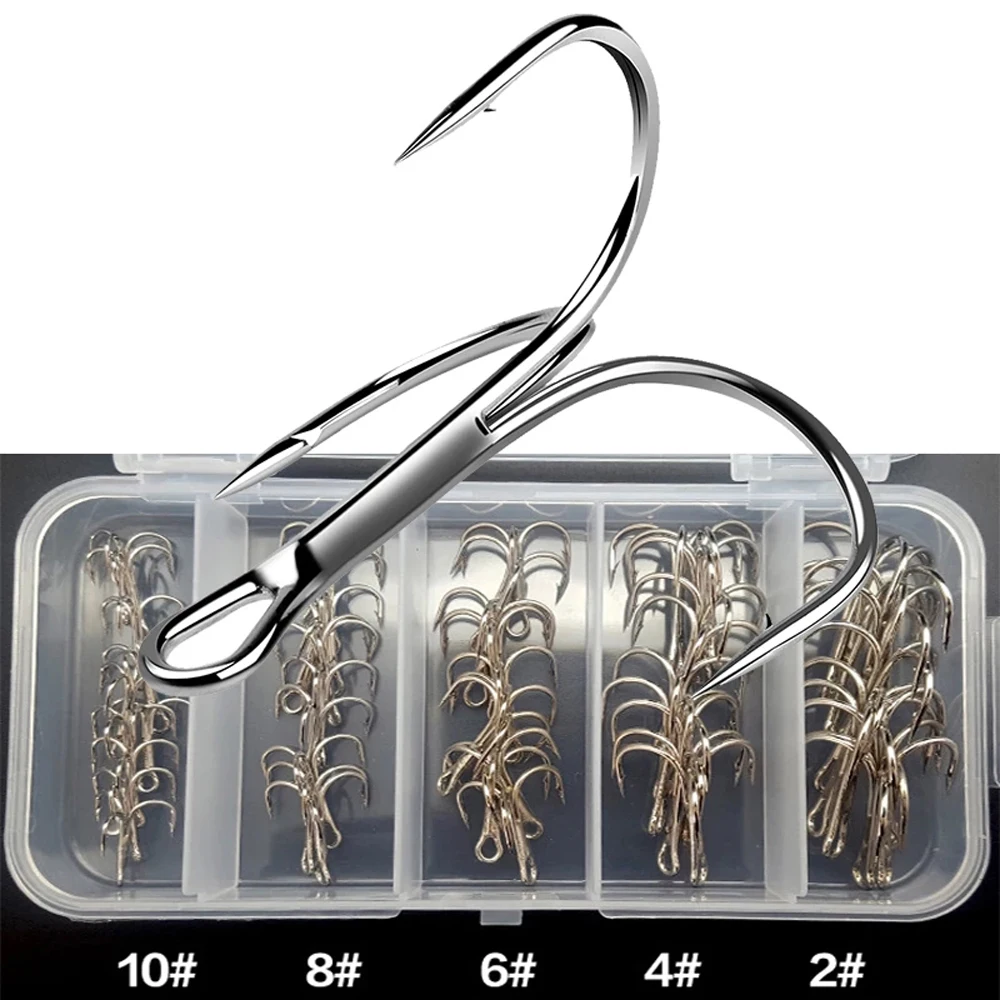 

Fishing Tackle 50pcs/lot Silver Sharpened High Carbon Steel 2/4/6/8/10 Barbed Fishhook Fishhooks Treble Fishing Hook