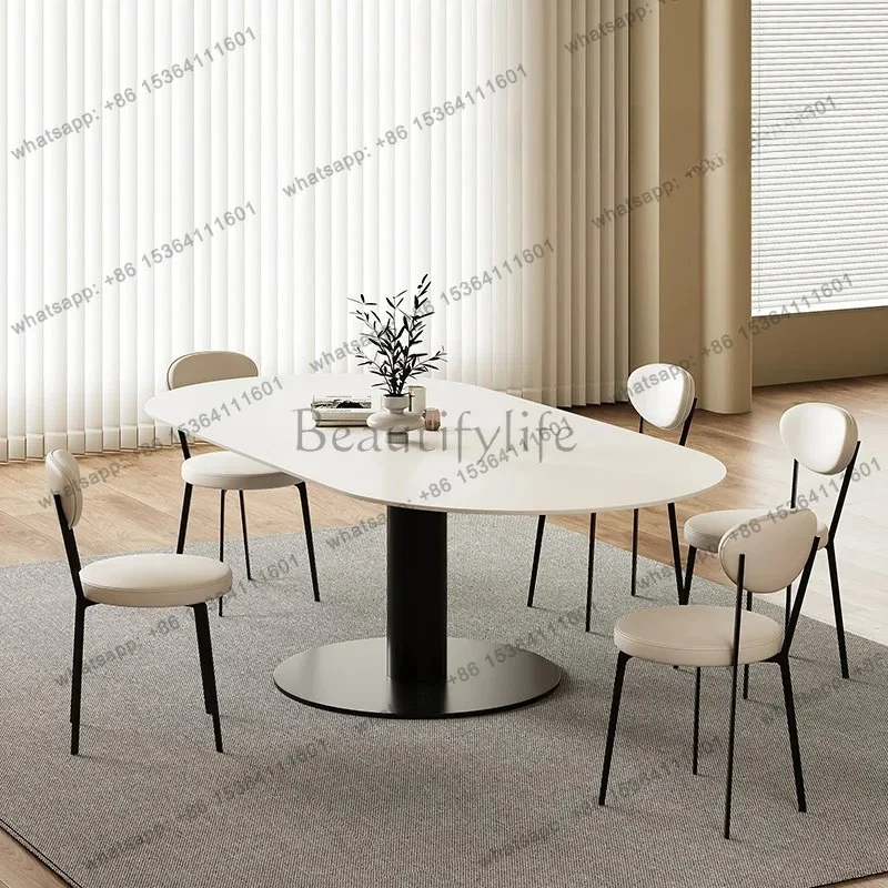 

yj21 Italian minimalist rock slab dining table and chair combination oval table small apartment family dining table light luxury