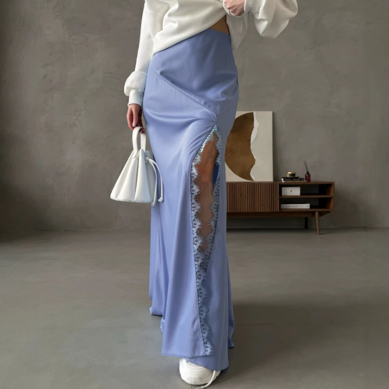 TARUXY Sexy Lace-paneled slit skirt Women Satin solid-color high-waisted commuting Fashion Elegant long skirt female summer New