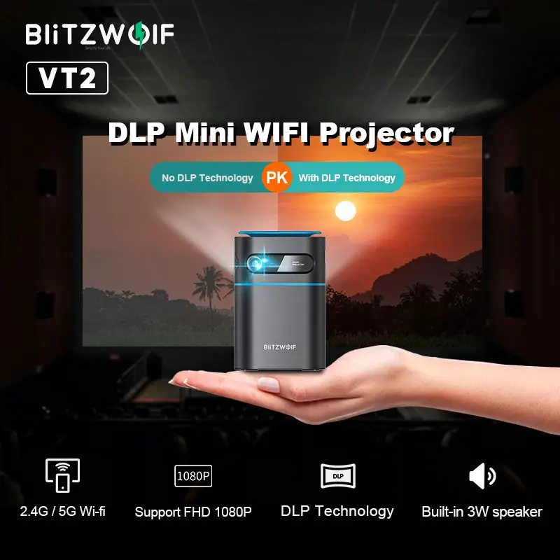 BlitzWolf-VT2 DLP Mini WIFI Projector Android 9.0 bluetooth Speaker 2.4G/5G WIFI Wireless Projectors Portable 1080P Hand Cinema