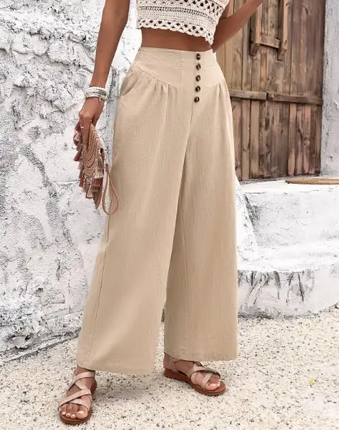 سراويل نسائية فضفاضة، كاجوال صيفي بسيط مزين بأزرار، سراويل واسعة الساق عالية الخصر ومتعددة الاستخدامات مناسبة للارتداء اليومي