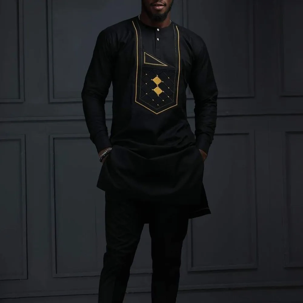 African Traditional Outfit Dashiki Black Boubou Elegant Suits For Men New 2Pc Luxury Brand Clothing Full Pant Sets Male Dashiki