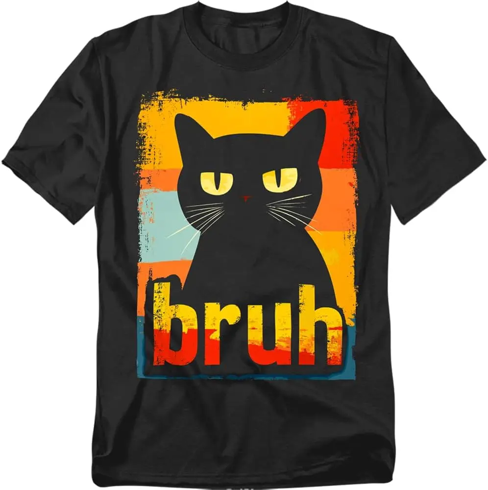 Black Bruh T-Shirt – Funny Cat Meme Tee, Men Or Women, Unisex Men T Shirt vintage Cat Pattern Graphic Tee, Funny Cat Print Crew Neck Short-Sleeve Top, Casual Daily Wear Men Cotton T-Shirt.