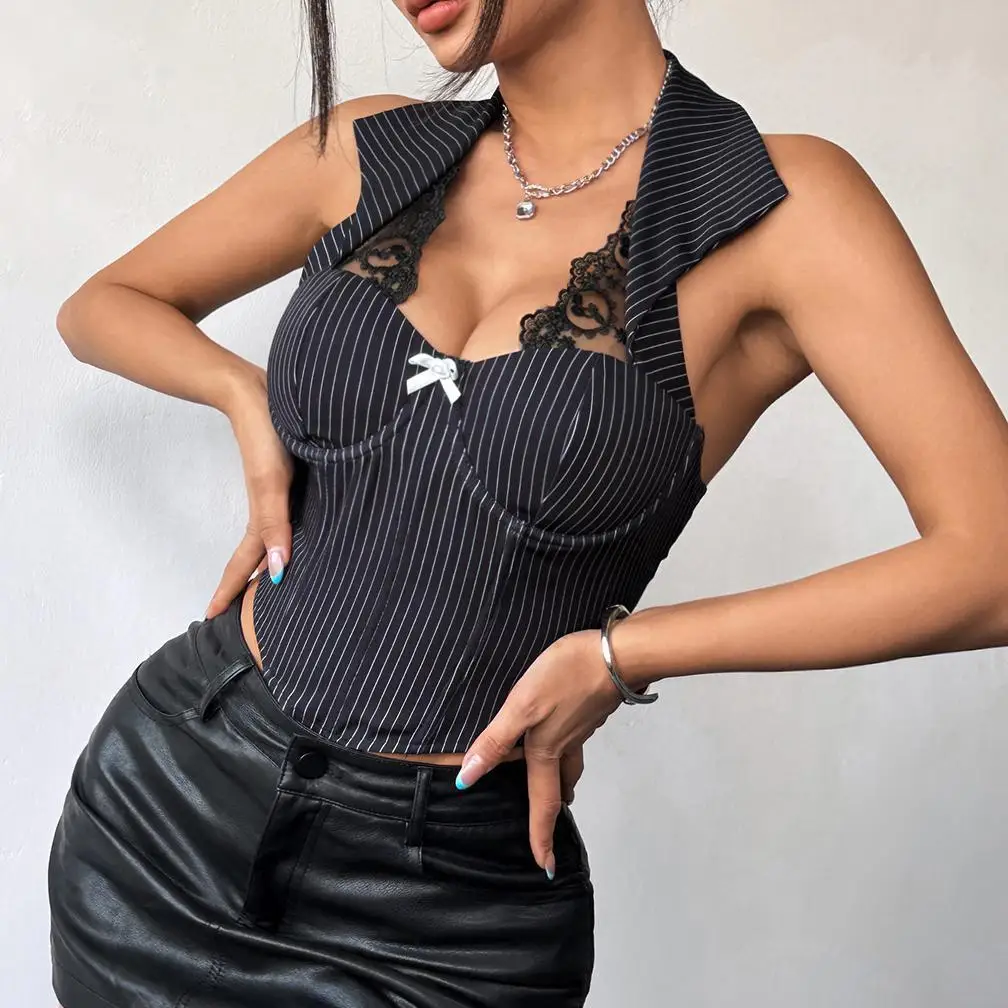 เสื้อครอปท็อปแบบสายเดี่ยวเซ็กซี่ใหม่สำหรับผู้หญิง สวมใส่ไปทำงานได้ ทรงเข้ารูป ลายทาง แบบเสื้อกั๊กยาว แต่งด้วยผ้าปะติดสไตล์แฟชั่น...