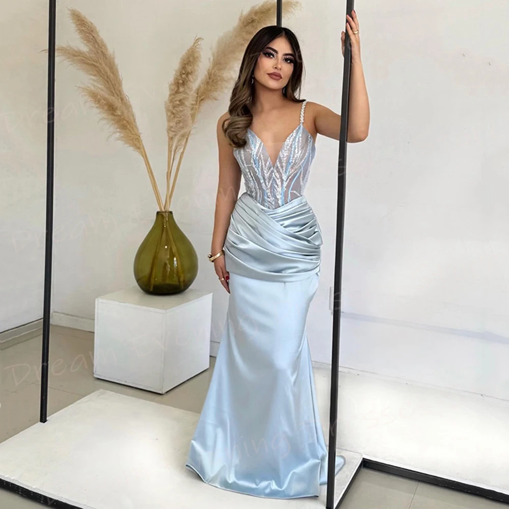 Elegant Light Blue Mermaid Sexy Women's Evening Dresses Charming Spaghetti Strap Prom Gowns Sleeveless Pleated فساتين سعيد شارون