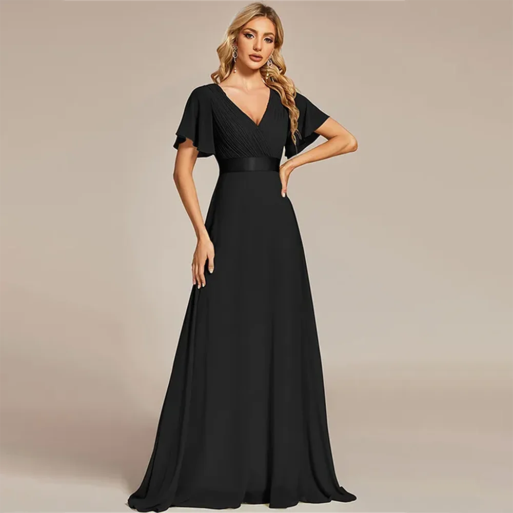 

Evening Dresses Woman For Wedding Party Chiffon Sweetheart Neck Short Sleeve A-Line Pleated Prom Dresses Formal Gowns for Women