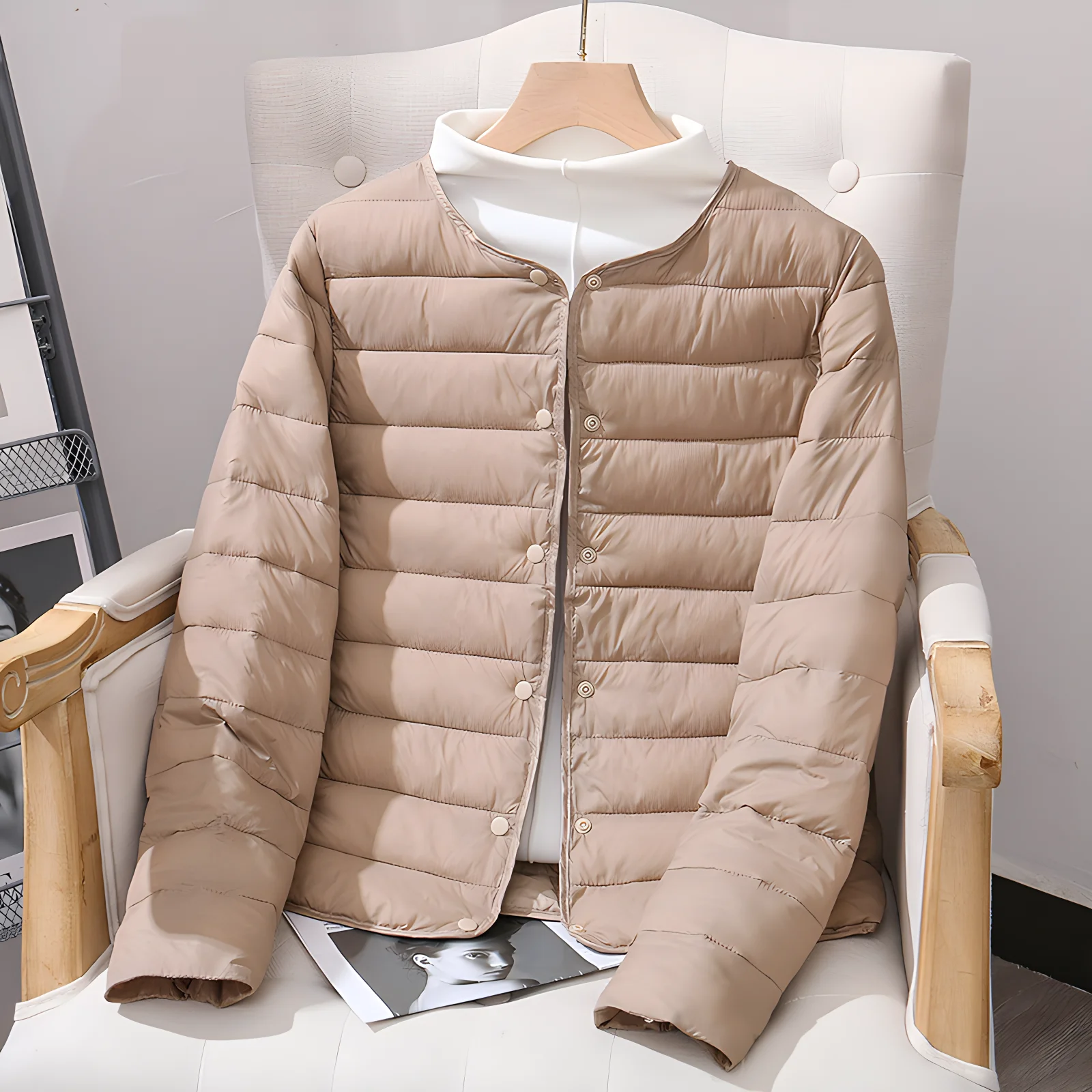 2024 new light cotton-padded jacket, women\'s winter striped cotton jacket, round neck long sleeve fashion warm top