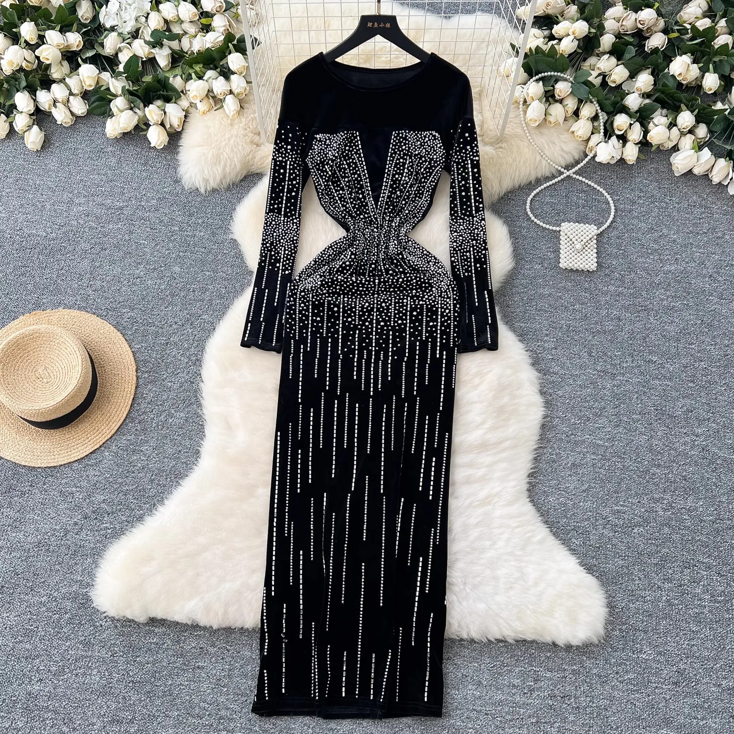 Rhinestone Crystal Velvet Maxi Dress New Autumn Women Long Sleeve Birthday Night Clubwear Long Dress Wedding Party Prom Dress