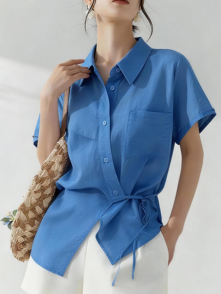 

Korean Sle Pure Color Belted Collar irt Spring 2026 New Large Size Ele Versatile Age-Defng Top Women's Faion