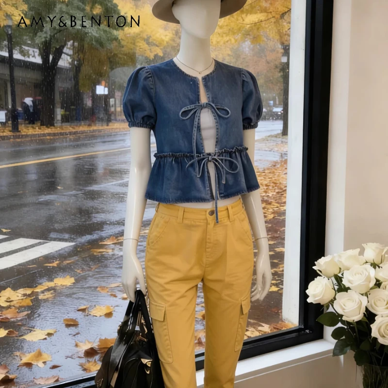 

Bow-tie Short-sleeve Women's Denim Top 2026 Spring Summer New Style Puff Sleeve Sweet Cool Versatile Age-reducing T-shirt Ladies