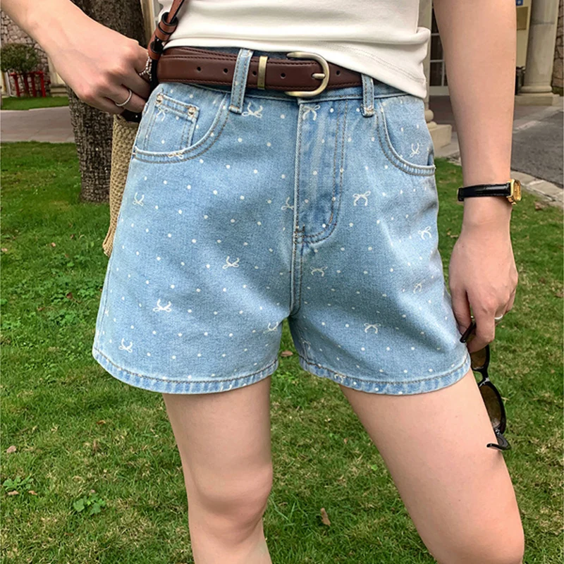 CASUMANL Brand Bow Knot Print Shorts for Women 2024 New High Waist Basics Denim Shorts The Female Sex Japanese 2000s Style Y2k