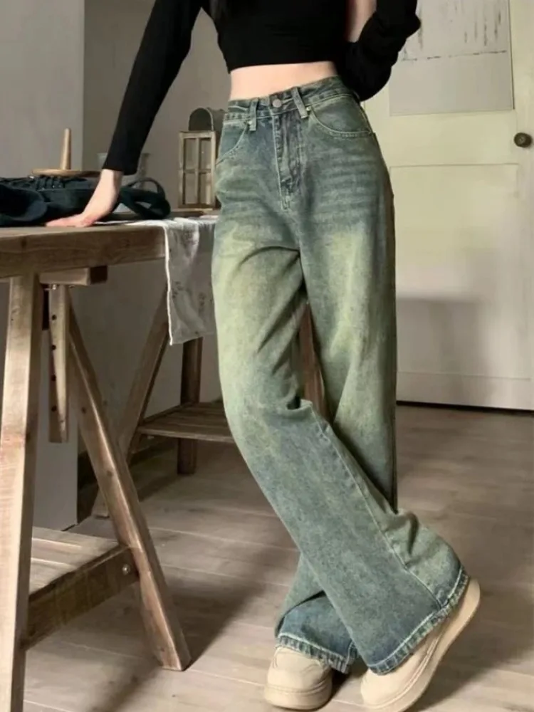 Solid Jeans wanita musim semi gadis tinggi pinggang Vintage longgar kasual harian All-match dirancang ramping mengepel gaya Korea trendi Chic