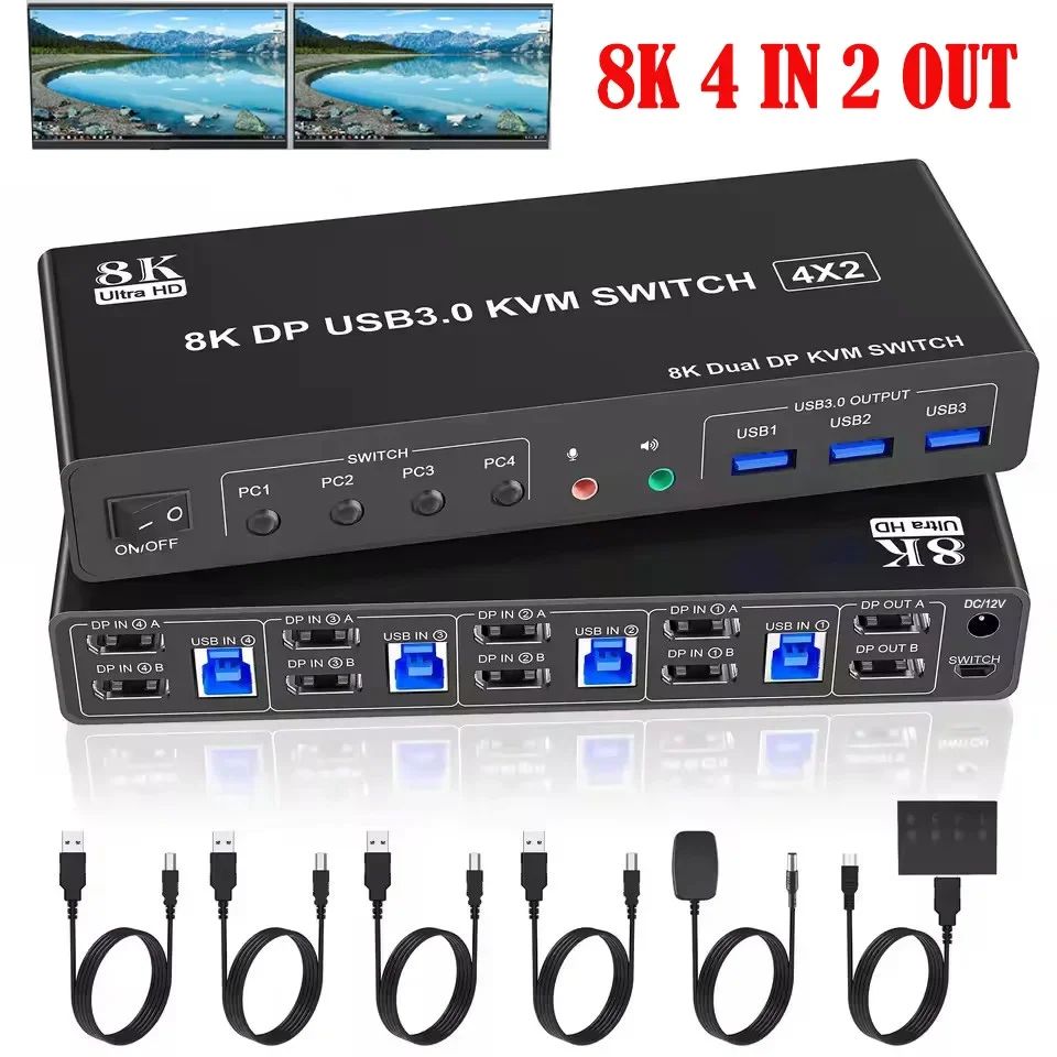 

8K DP USB 3.0 KVM Switch 4x2 4K Extended Mode Display Displayport Switch 4 in 2 Out Dual Monitor for 4 PCs Share Keyboard Mouse