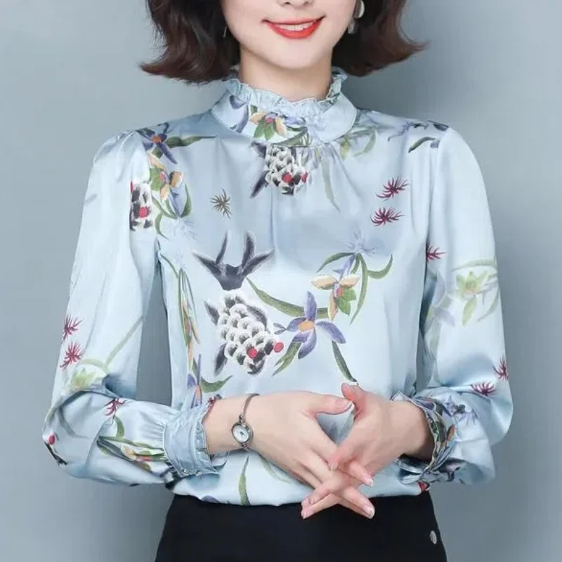 

Women's Spring and Autumn New Blouses Fashion Commute Korean Spliced Ruffled Neck Printed Ruched Beading Loose Long Sleeve Shirt