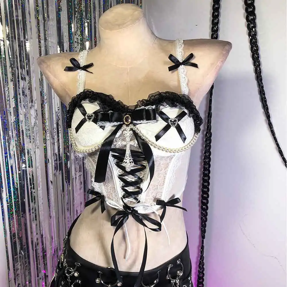 Goth Kawaii Box FAI DA TE Harajuku E-Girls Club Wear Y2K Halter Canotta TOP Eco Grunge Croce Carro Armato Gotico Fatto A Mano Emo Punk Rock