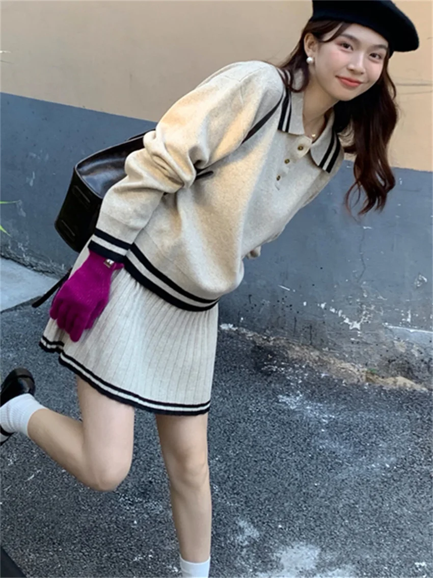 Alien Kitty Preppy Style Knitwear Casual Sweaters Women OL 2024 Pleated Daily Mini Skirts Office Wear Lady New Spring Suits