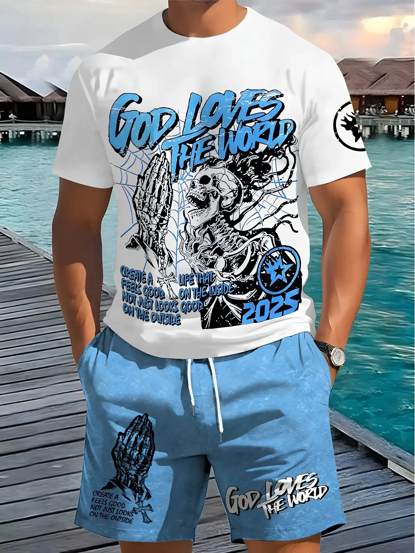 2025 صيف جديد للرجال قصيرة الأكمام والسراويل القصيرة تنفس عادية التزلج على الجليد ثلاثية الأبعاد مطبوعة الهيب هوب ملابس رجالية