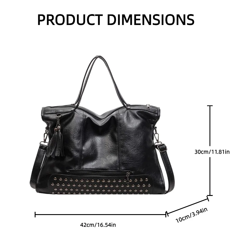 Damen-Handtasche mit Nieten- und Quastenverzierung, Weiche PU-Leder Schultertasche, Große Umhängetasche für den Alltag – Detail 12